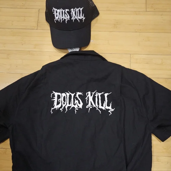 Rare Dolls Kill Logo Crew Merch Unisex Black White Jumpsuit Boiler Suit & Hat S - Picture 7 of 9